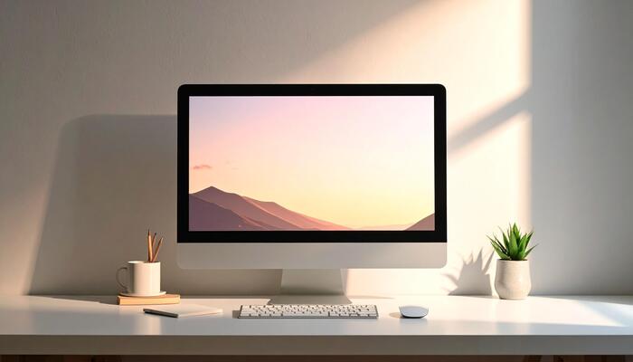 72342741-minimalista-spazio-di-lavoro-con-un-imac-con-un-panoramico-montagna-sfondo-foto